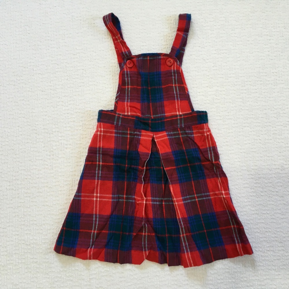 Vtg Sears Girls Plaid‎ Jumper Dress Red Blue Green 6X Acrylic Button Front
